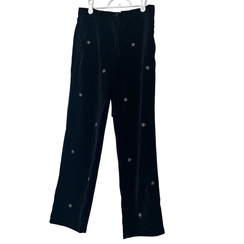 Talbots kids girls black velvet white snowflake embroidered pants sz 14 holiday